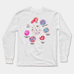 Blood cells. RBCs. WBCs, Basophil, Platelet, thrombocyte, Neutrophil, B-Lymphocyte, Monocyte, Eosinophil. Long Sleeve T-Shirt